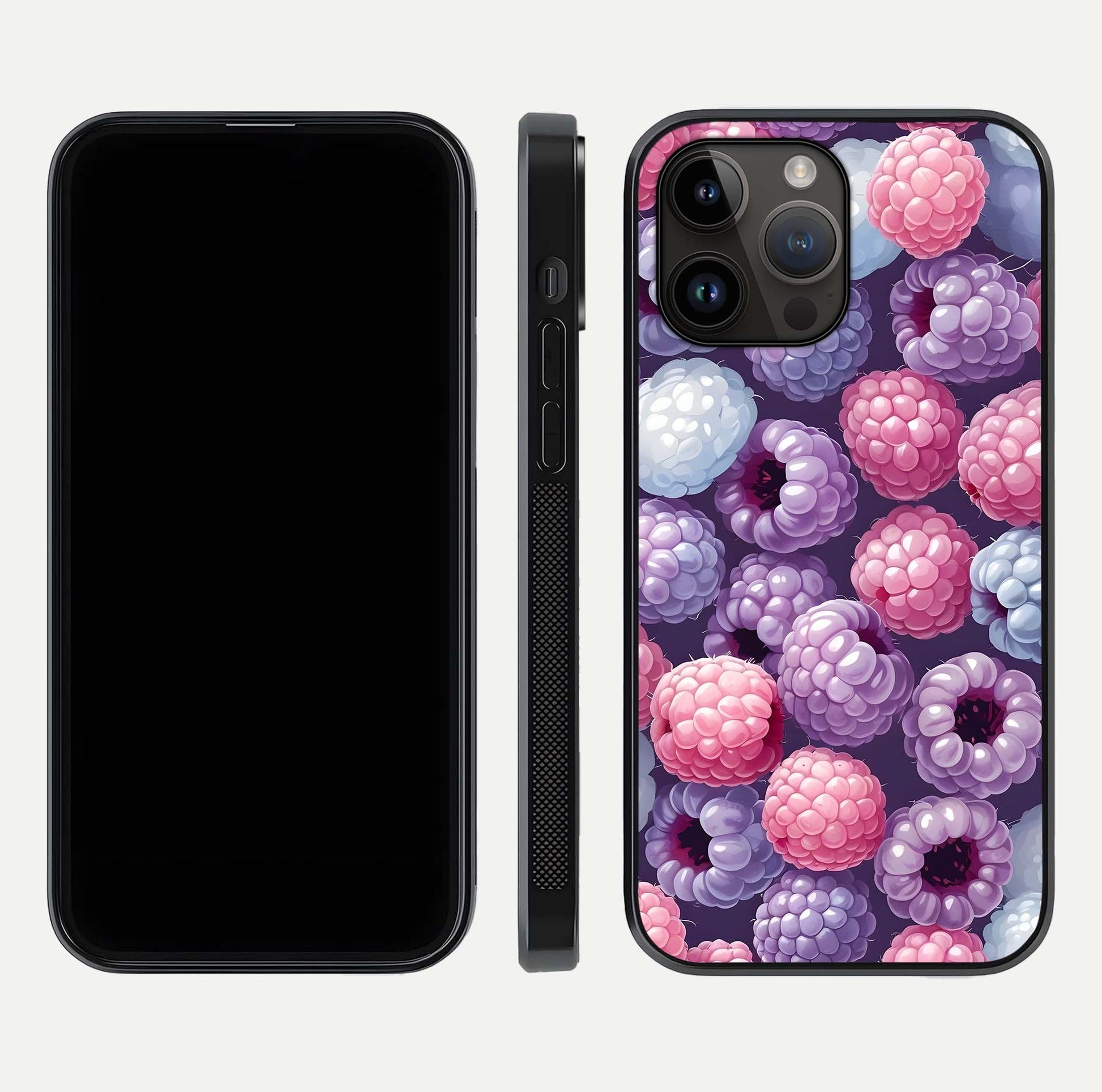 Berry Candy Pop Glass Case for iPhone 14 Pro Max front-and-back layout showing colorful pattern and sleek protective frame