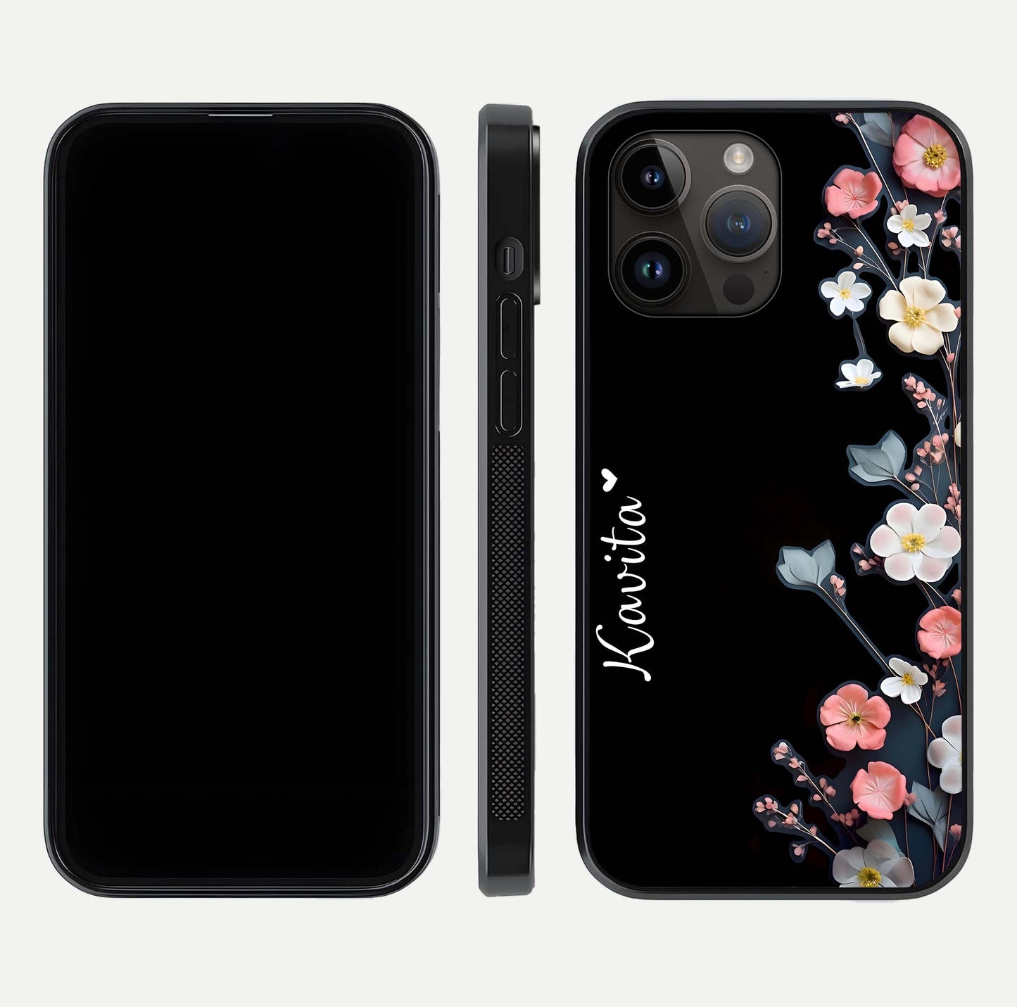 Black Elegance Floral Custom Name Glass Case for iPhone 14 Pro Max dual-view layout displaying name placement and gloss finish