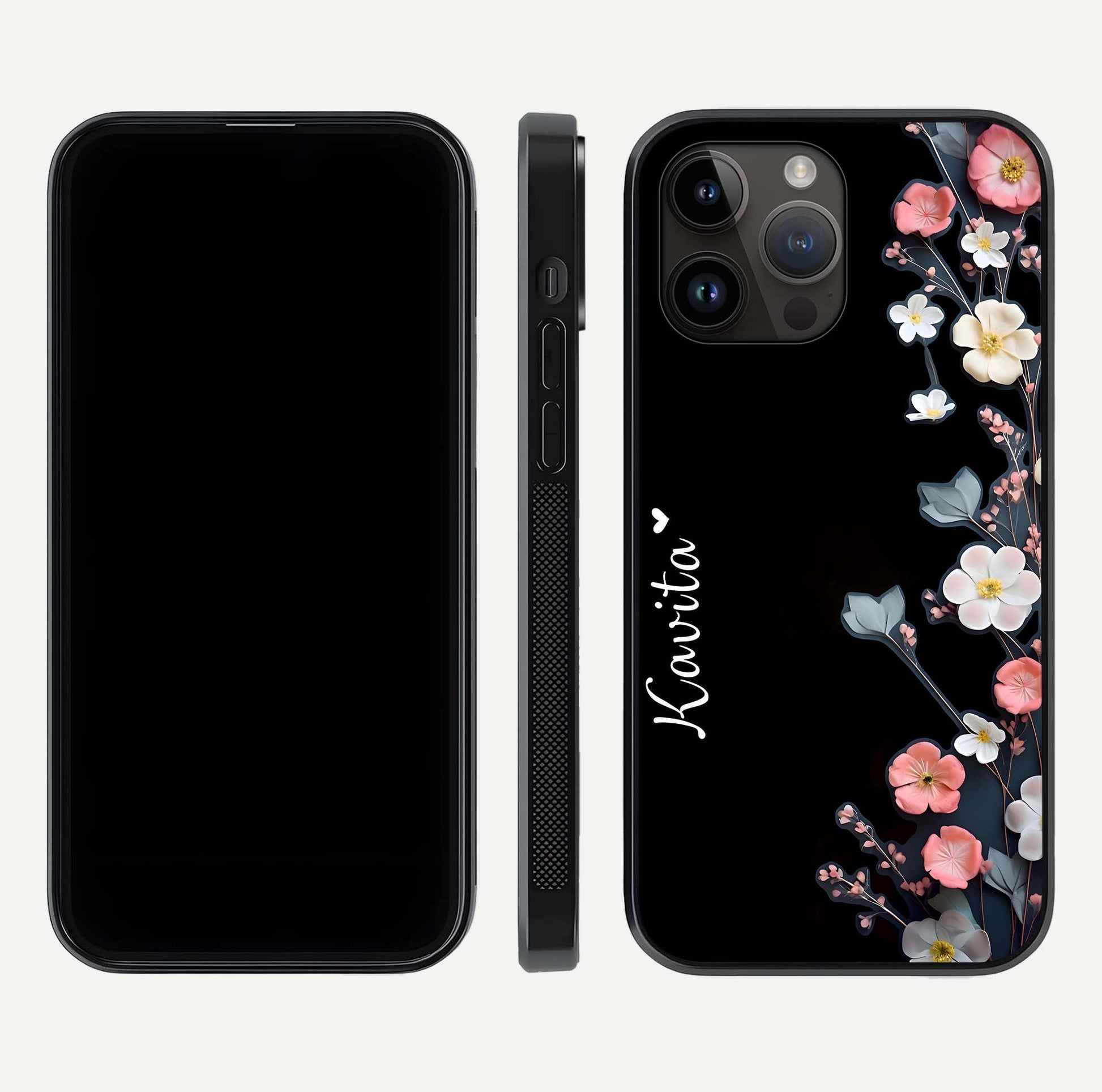 Black Elegance Floral Custom Name Glass Case for iPhone 14 Pro Max dual-view layout displaying name placement and gloss finish
