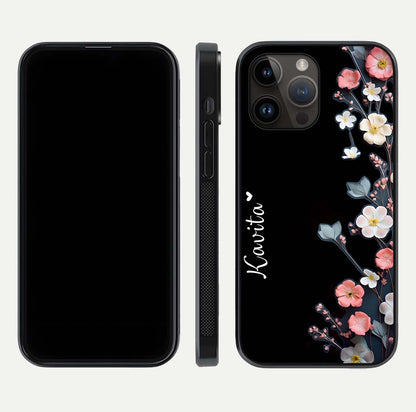 Black Elegance Floral Custom Name Glass Case for iPhone 14 Pro Max dual-view layout displaying name placement and gloss finish