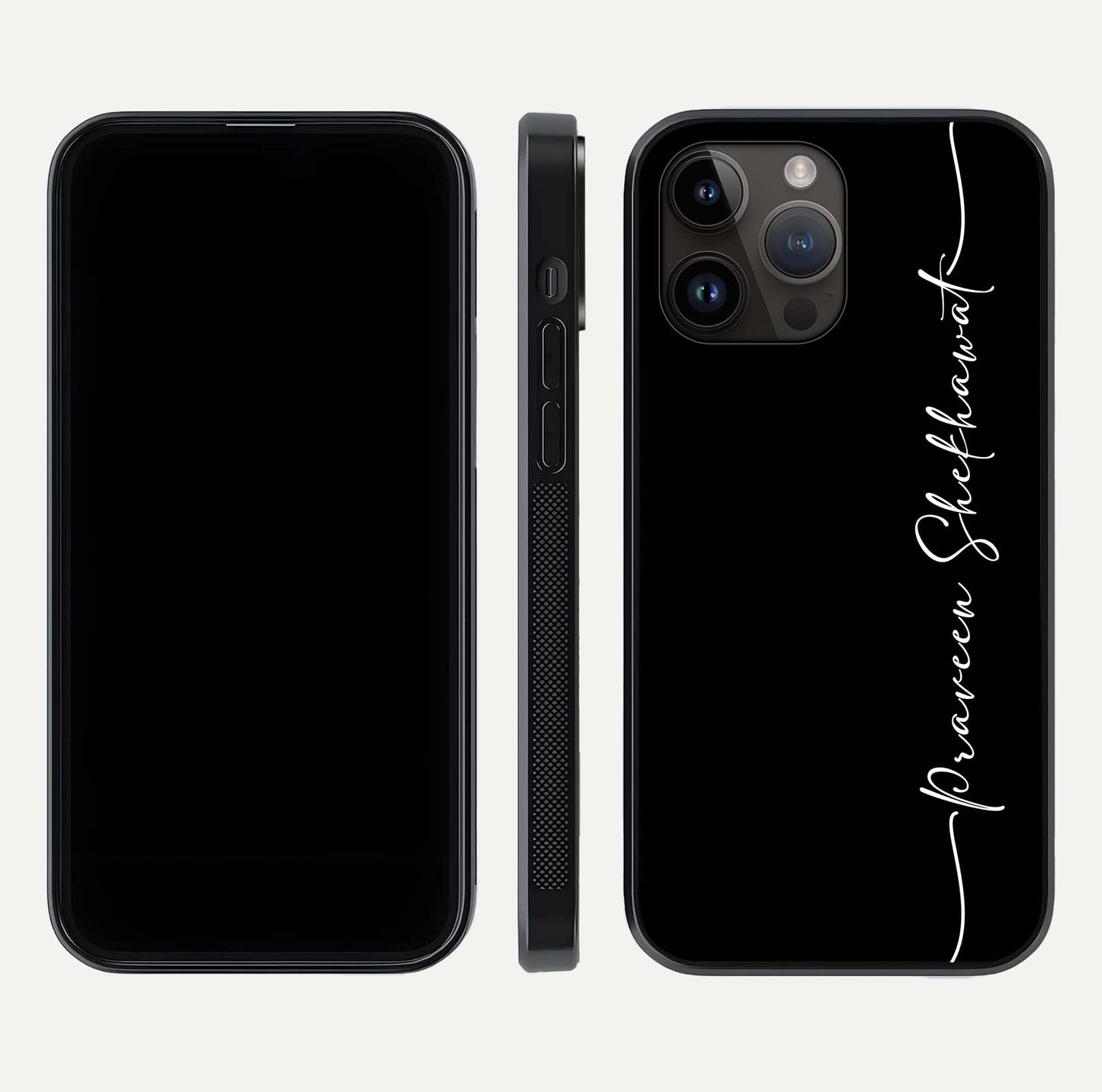 Black Tune Custom Name Glass Case for iPhone 14 Pro Max front-and-back layout showing personalized name zone and edges