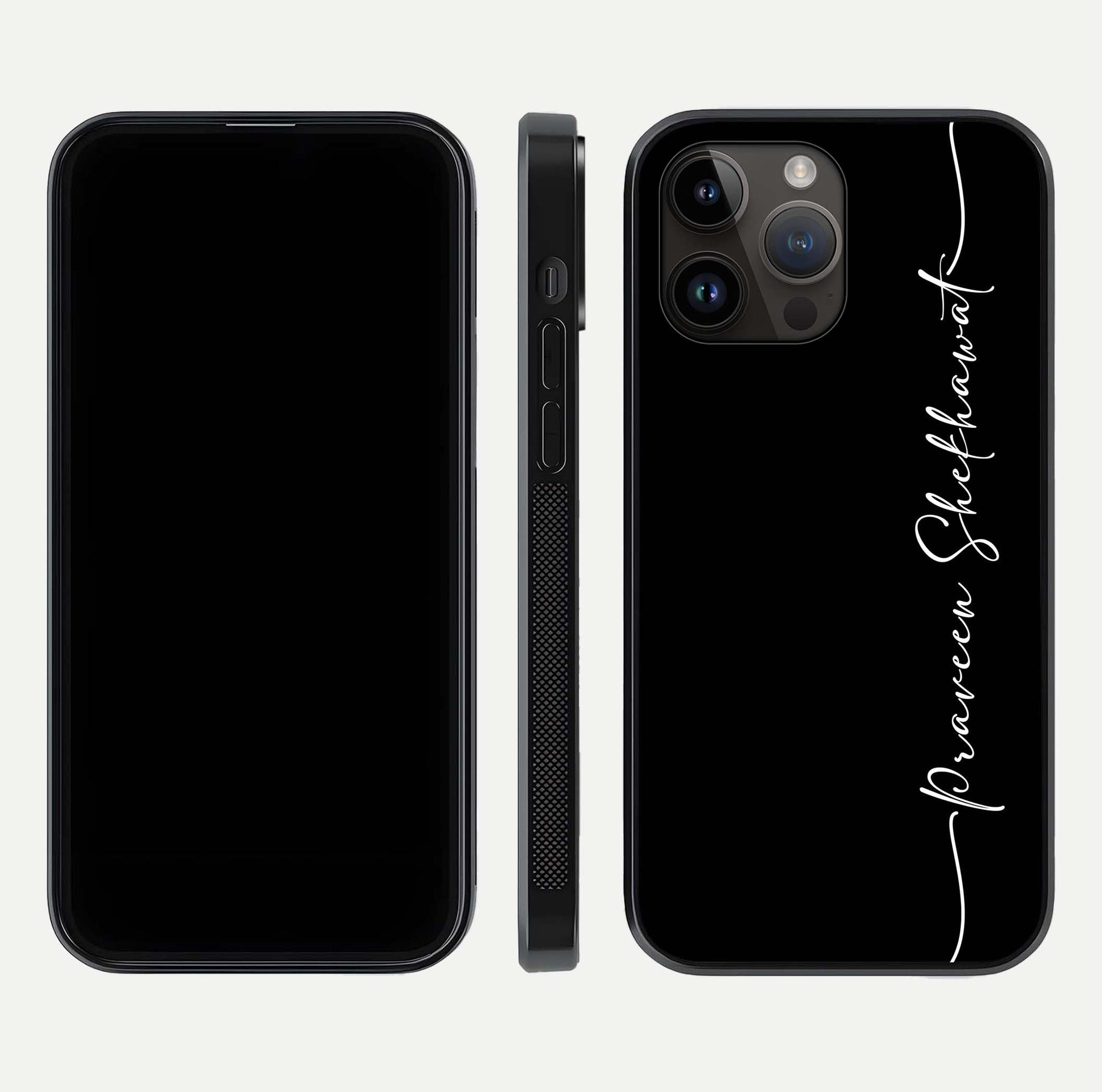Black Tune Custom Name Glass Case for iPhone 14 Pro Max front-and-back layout showing personalized name zone and edges