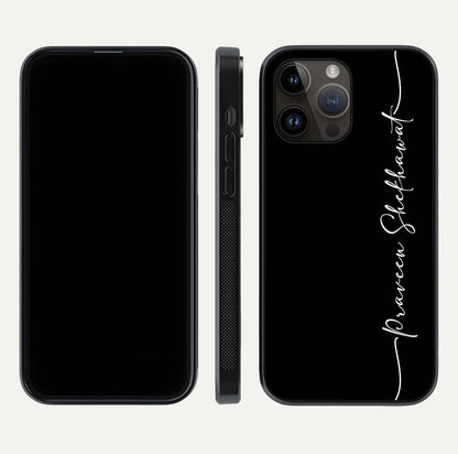 Black Tune Custom Name Glass Case for iPhone 14 Pro Max front-and-back layout showing personalized name zone and edges