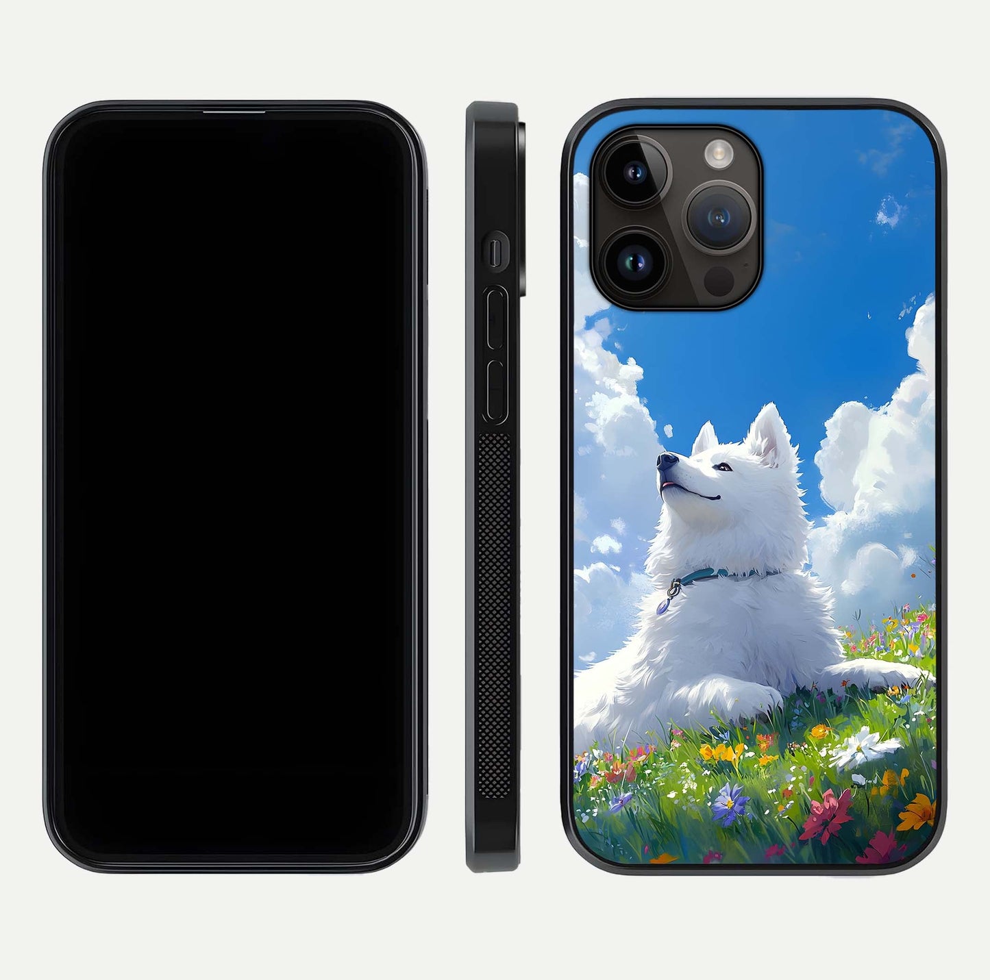 Blissful Cloud Pup Glass Case for iPhone 14 Pro Max front-and-back layout showing art alignment and edge design
