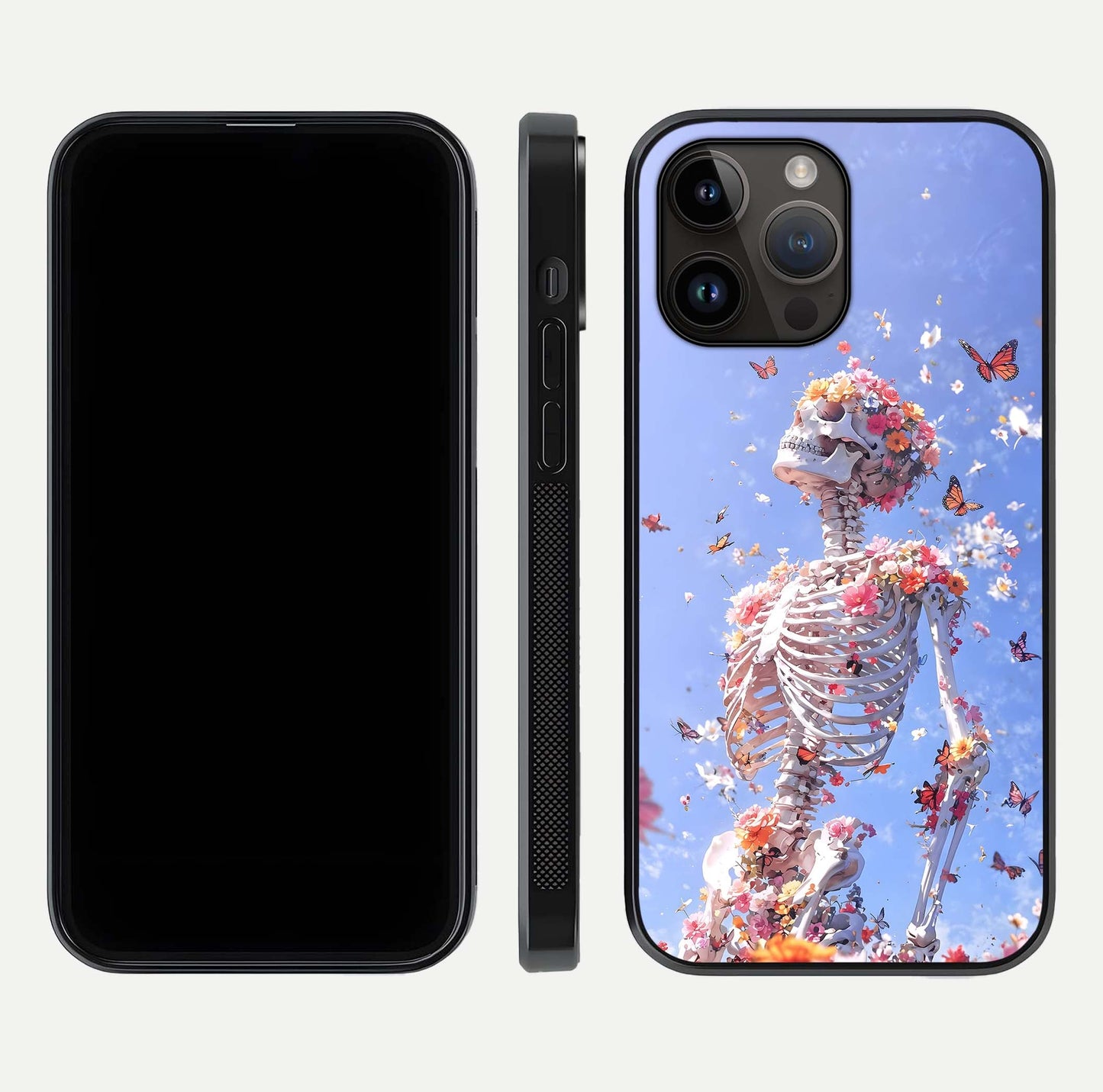 Bloom Beyond Bones Glass Case for iPhone 14 Pro Max dual-view layout showing creative aesthetic and edge design