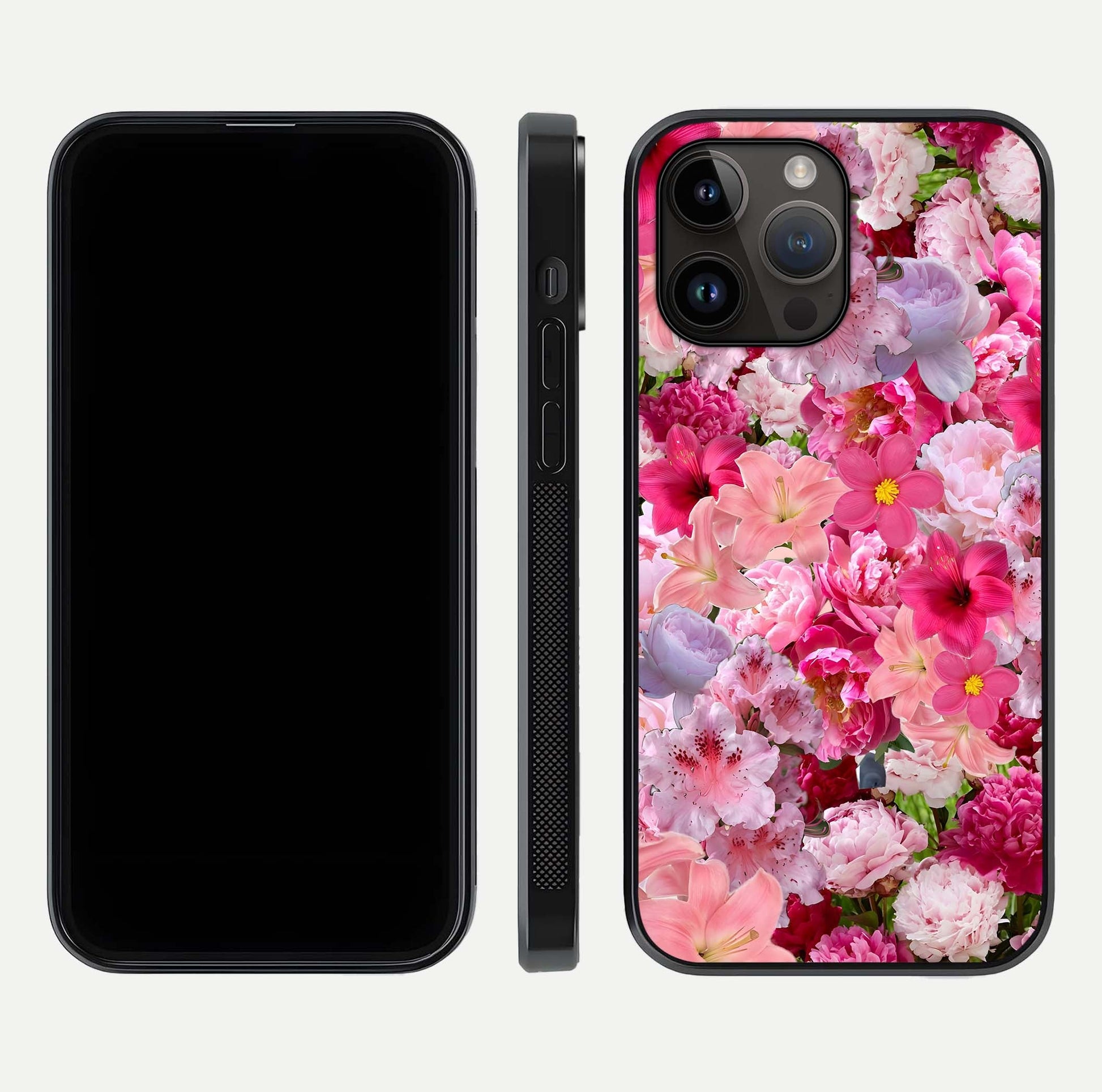 Bloom Crush Fantasy Glass Case for iPhone 14 Pro Max dual-view layout highlighting edges and premium shine