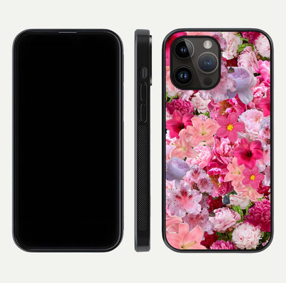 Bloom Crush Fantasy Glass Case for iPhone 14 Pro Max dual-view layout highlighting edges and premium shine