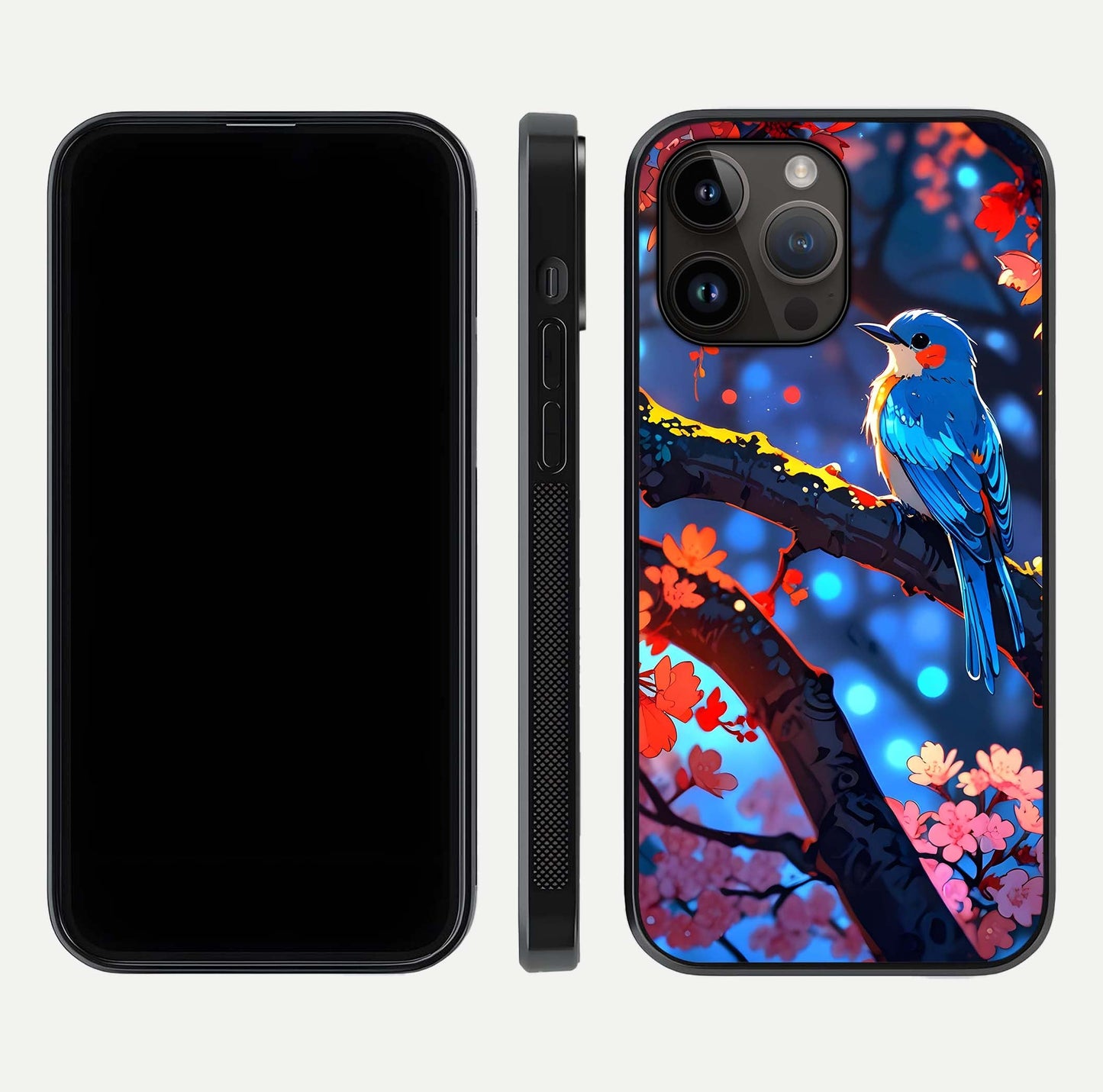 Blooming Spendor Bird Glass Case for iPhone 14 Pro Max front-and-back view showing nature print and protective edge