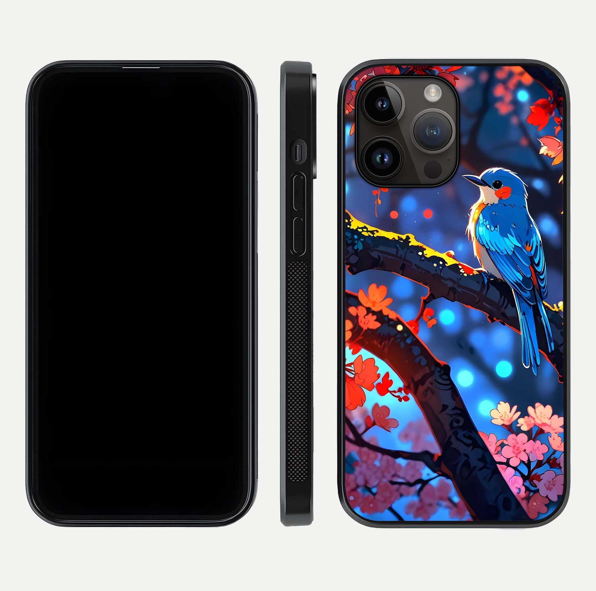 Blooming Spendor Bird Glass Case for iPhone 14 Pro Max front-and-back view showing nature print and protective edge