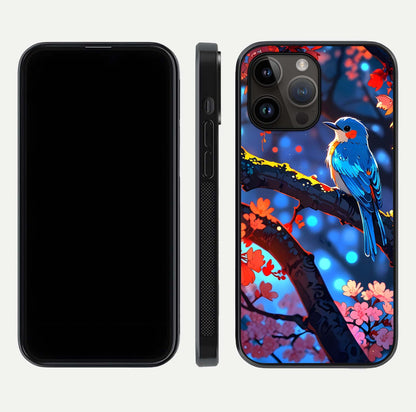 Blooming Spendor Bird Glass Case for iPhone 14 Pro Max front-and-back view showing nature print and protective edge