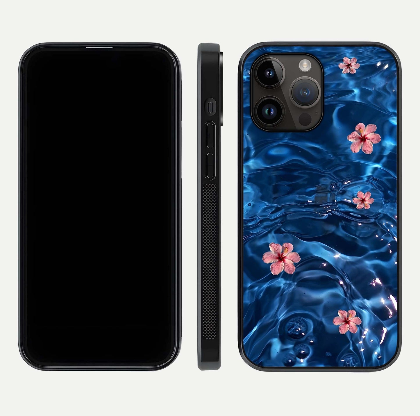 Blooming Water Drift Glass Case for iPhone 16 Pro front-and-back layout highlighting edge design and serene water bloom art