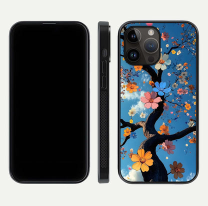 Blossom Dream Sky Glass Case for iPhone 14 Pro Max front-and-back layout showing floral print and premium edge gloss