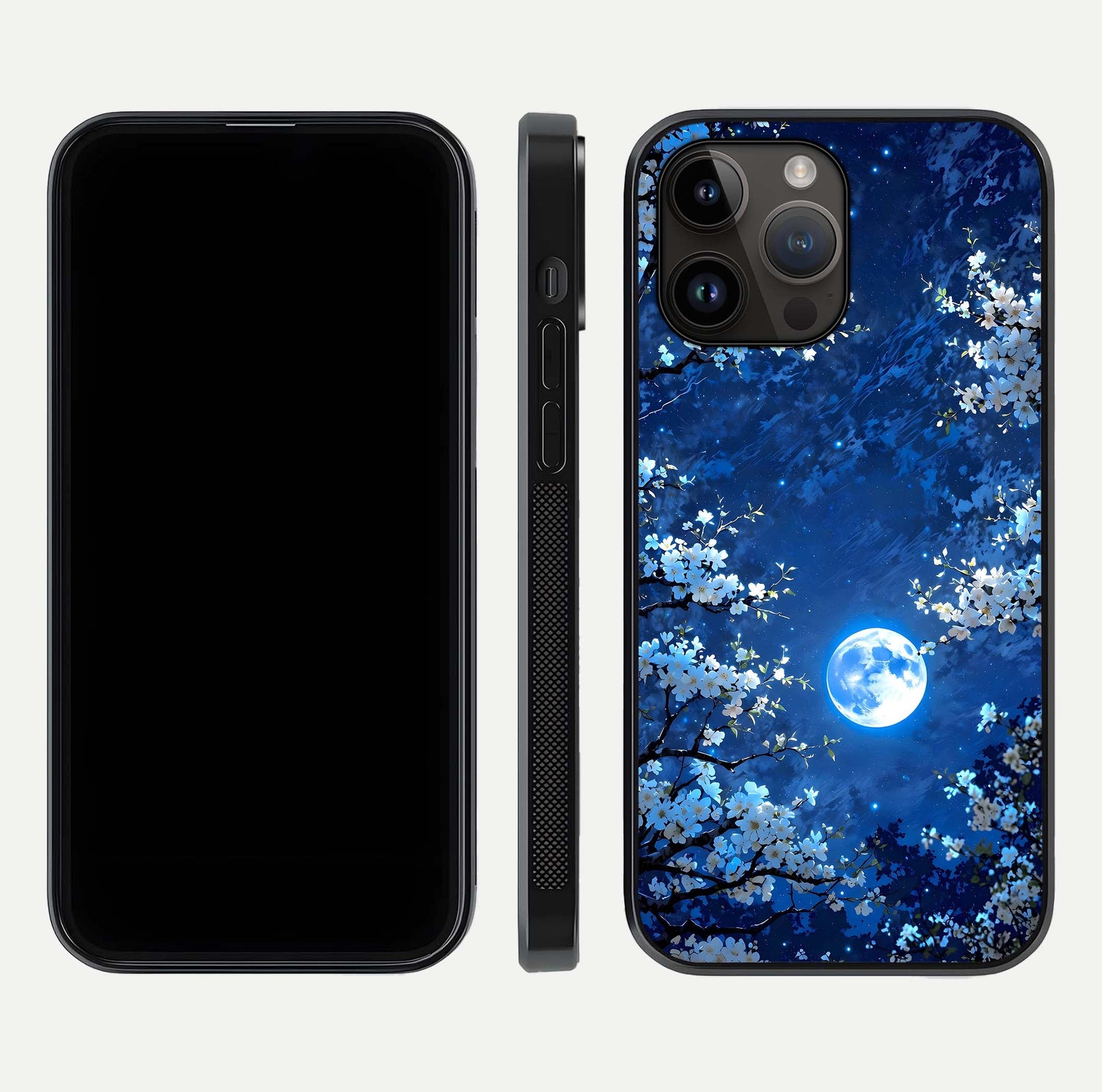 Blossom Moonlight Sky Glass Case for iPhone 14 Pro Max dual-view layout highlighting sky gradient and floral composition