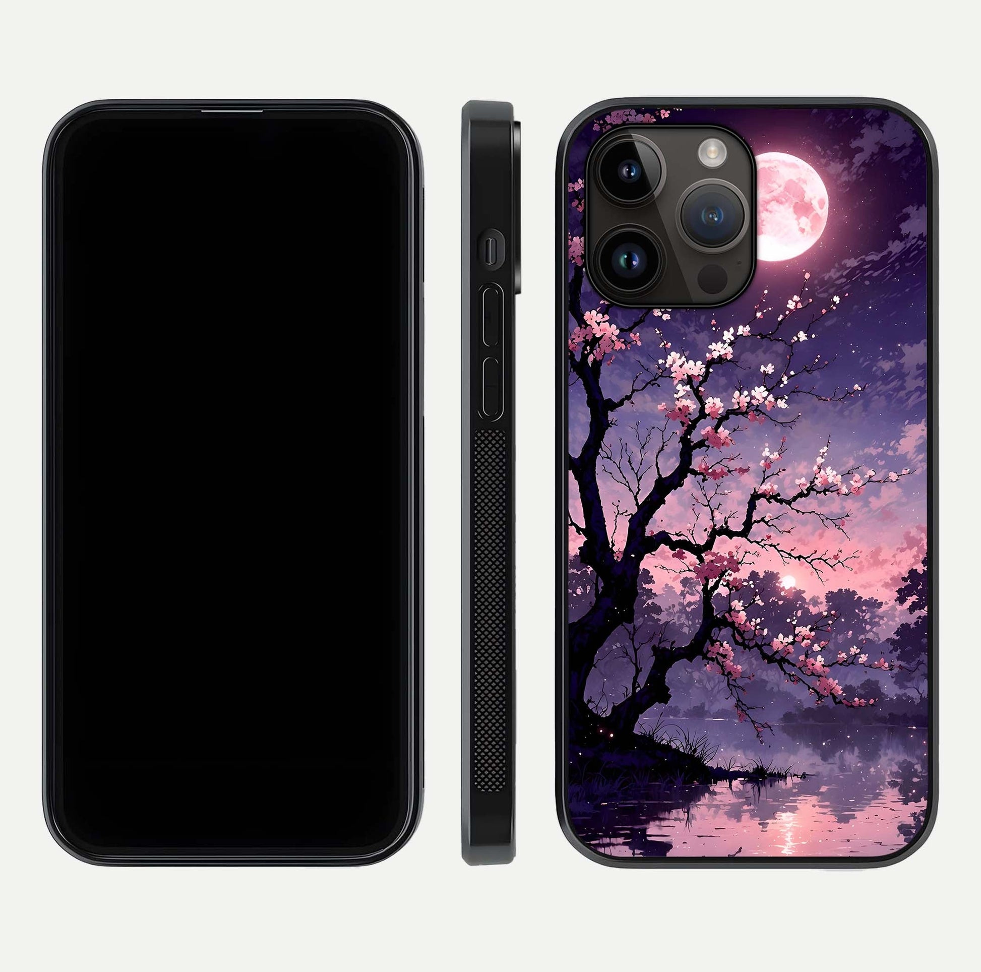 Blossom Pink Moon Glass Case for iPhone 14 Pro Max front-and-back layout showing minimal edges and artistic flower print