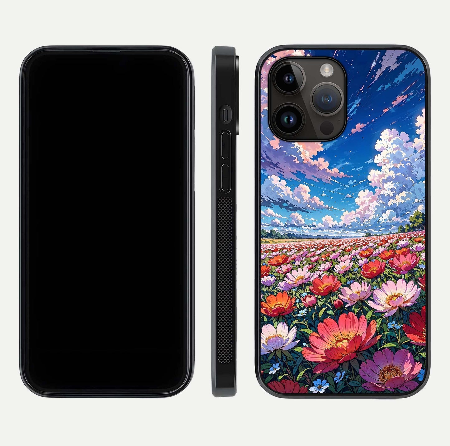 Blossom Sky Field Glass Case for iPhone 14 Pro Max front-and-back layout highlighting design edges and gloss clarity