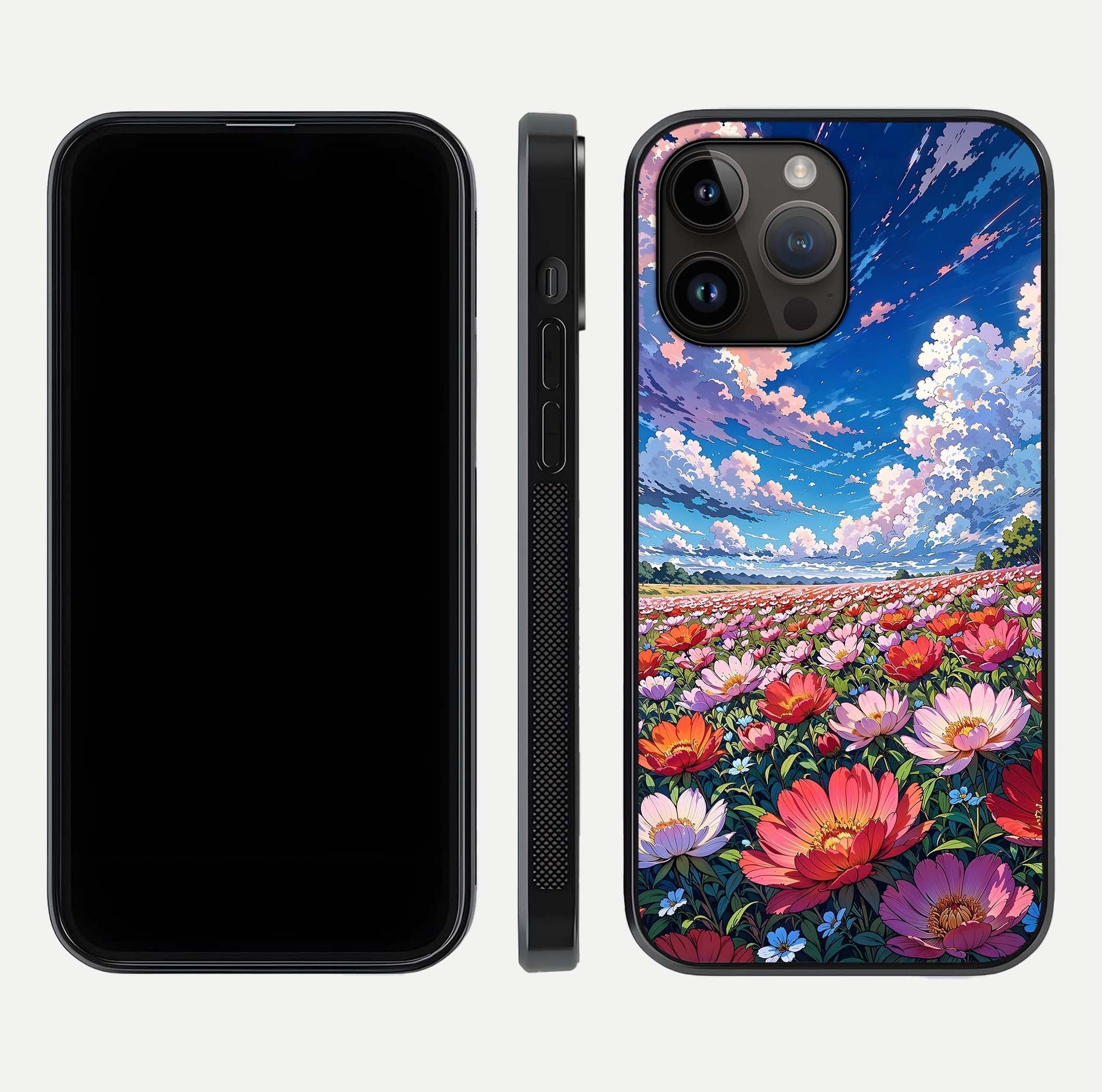 Blossom Sky Field Glass Case for iPhone 14 Pro Max front-and-back layout highlighting design edges and gloss clarity