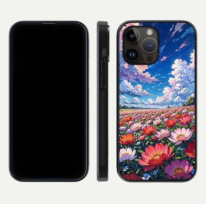 Blossom Sky Field Glass Case for iPhone 14 Pro Max front-and-back layout highlighting design edges and gloss clarity