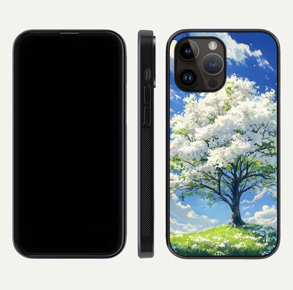 Blossom Sky Serenity Glass Case for iPhone 14 Pro Max dual-view layout showing pastel hues and soft protective edges