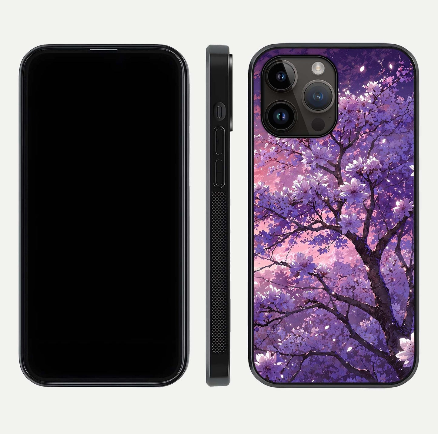 Blossom Tree Glass Case for iPhone 14 Pro Max front-and-back layout showing art alignment and gloss reflection