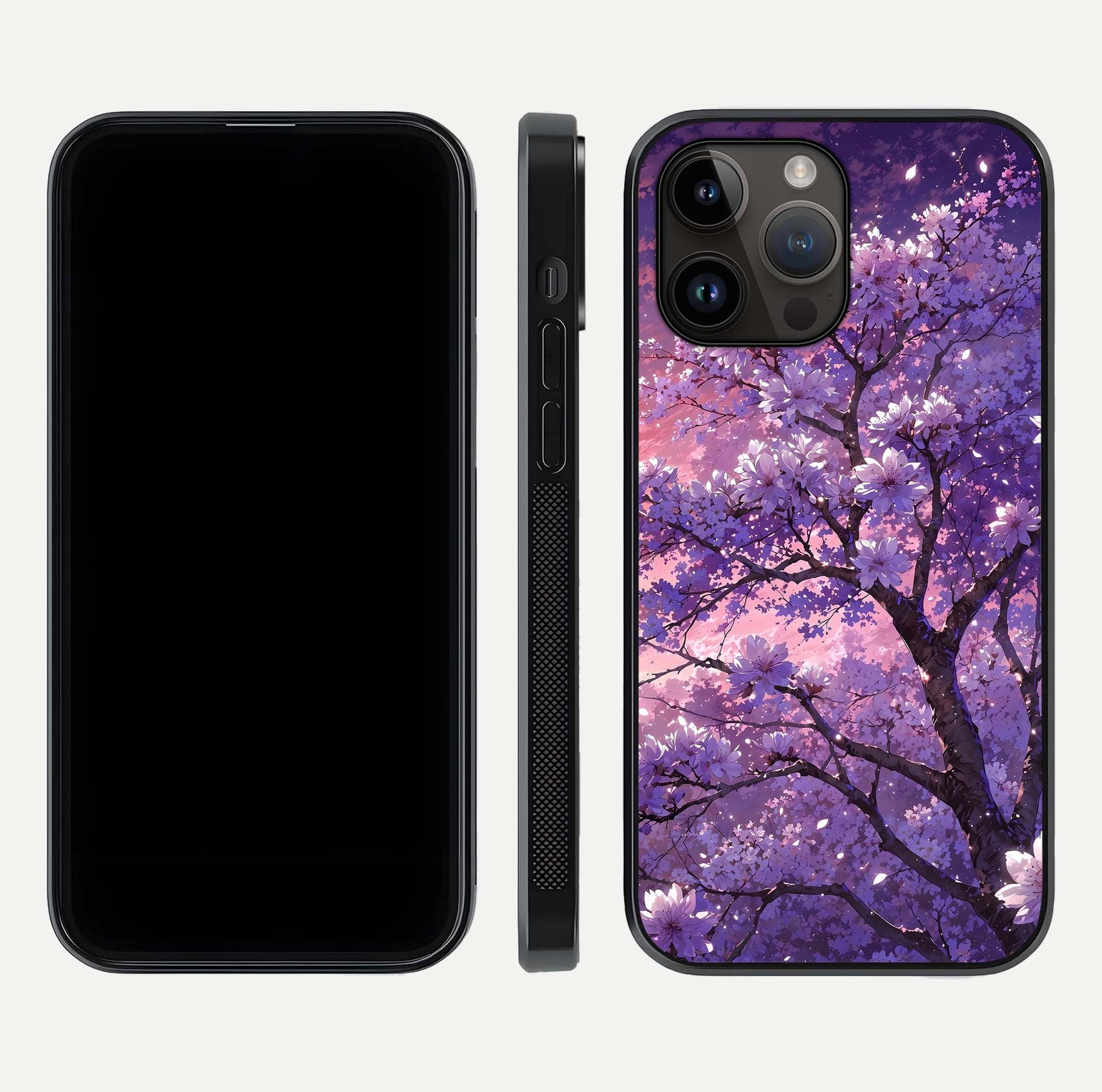 Blossom Tree Glass Case for iPhone 14 Pro Max front-and-back layout showing art alignment and gloss reflection