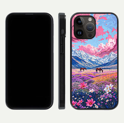 Blossom Valley Dream Glass Case for iPhone 14 Pro Max front-and-back layout highlighting glossy reflection and edge cut
