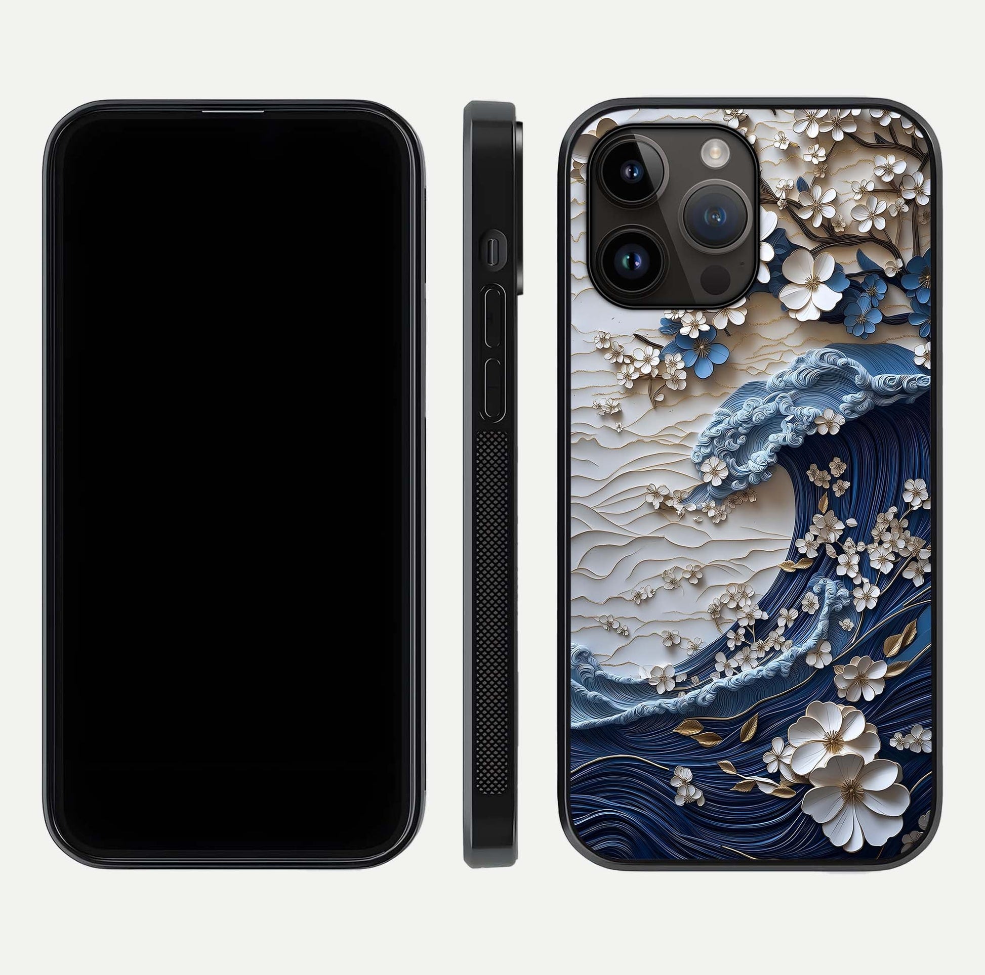 Blossom Wave Art Glass Case for iPhone 14 Pro Max front-and-back layout showing curved design and glass clarity