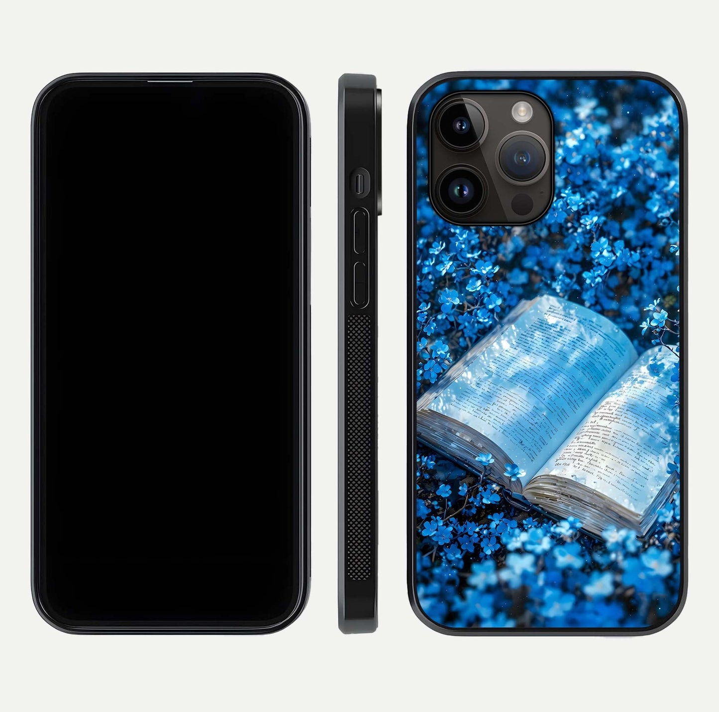 Blue Bloom Tales Glass Case for iPhone 14 Pro Max dual-view layout highlighting shine, floral print, and smooth edges