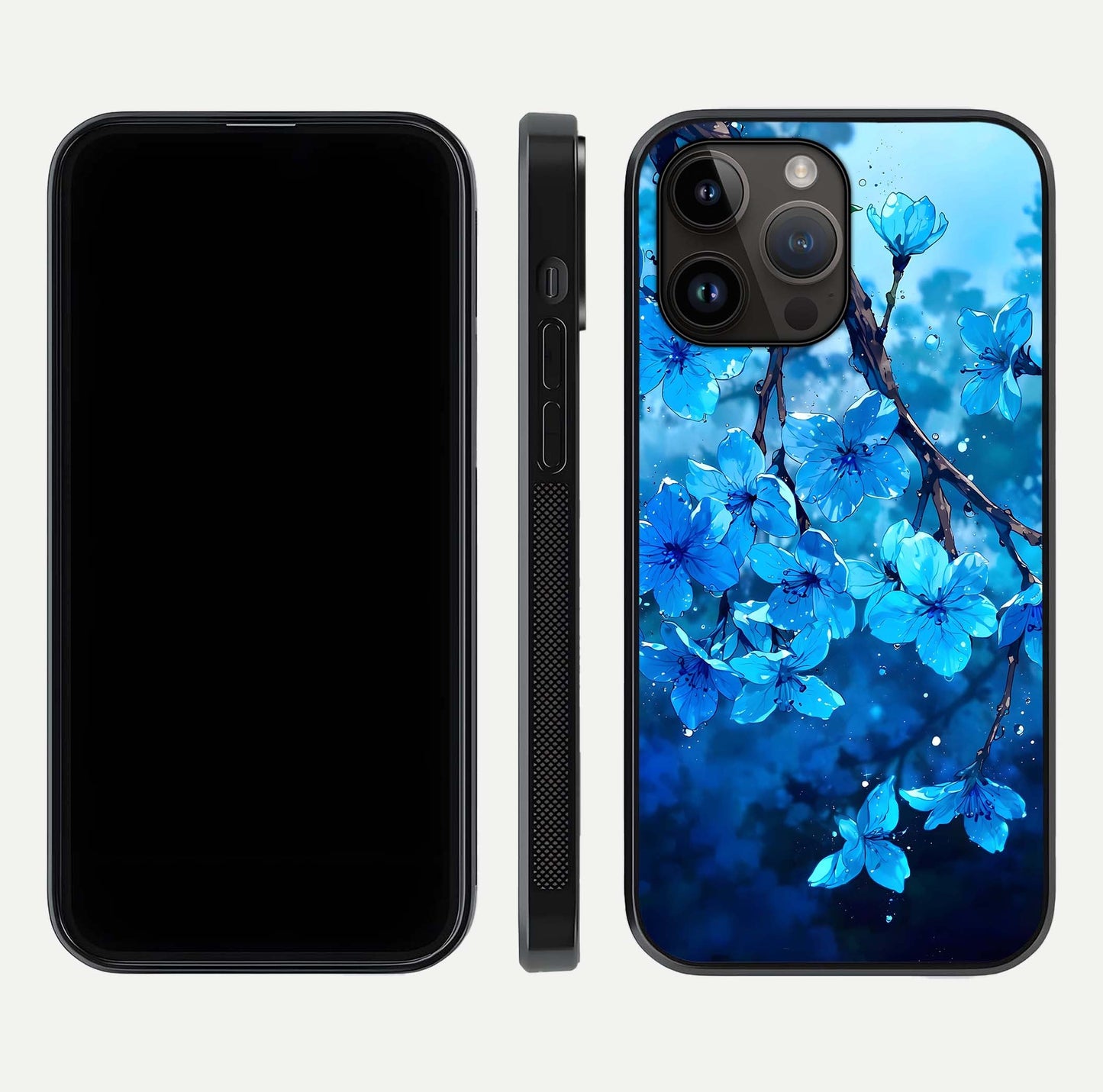 Blue Blossoms Branch Glass Case for iPhone 14 Pro Max dual-view layout displaying floral art and sleek protective frame