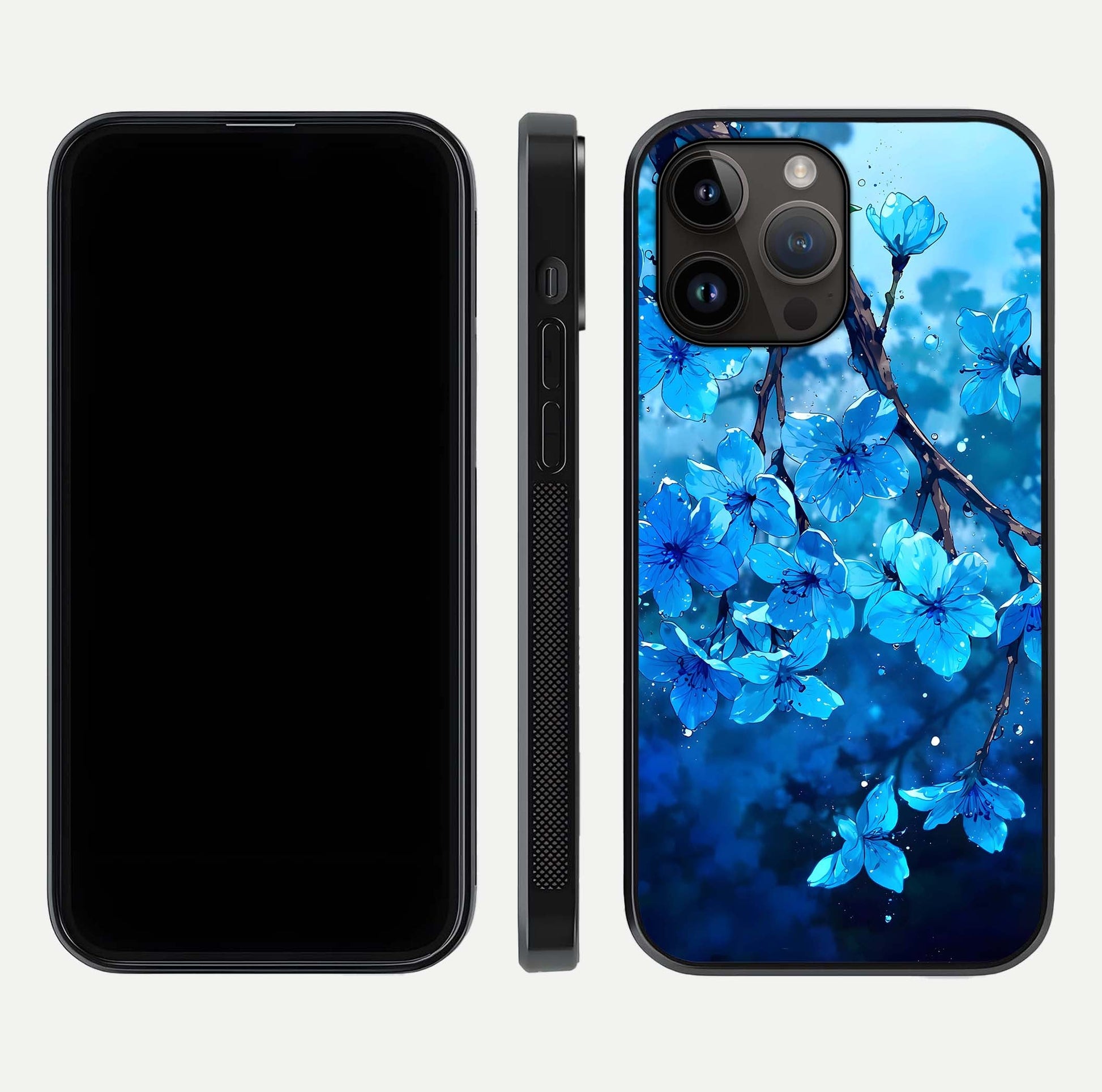 Blue Blossoms Branch Glass Case for iPhone 14 Pro Max dual-view layout displaying floral art and sleek protective frame