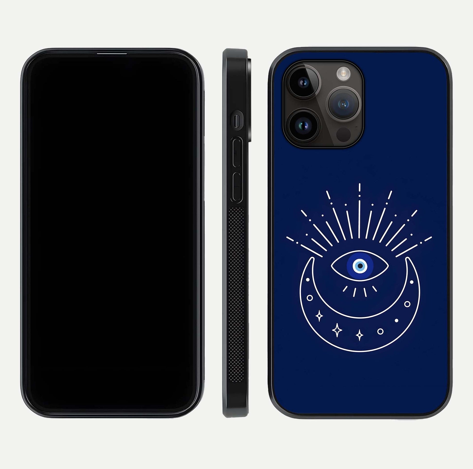 Blue Evil Eye Glass Case for iPhone 14 Pro Max front-and-back layout showing blue aura design and curved-edge clarity