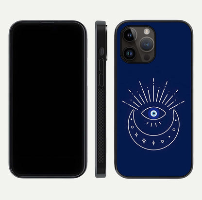 Blue Evil Eye Glass Case for iPhone 14 Pro Max front-and-back layout showing blue aura design and curved-edge clarity