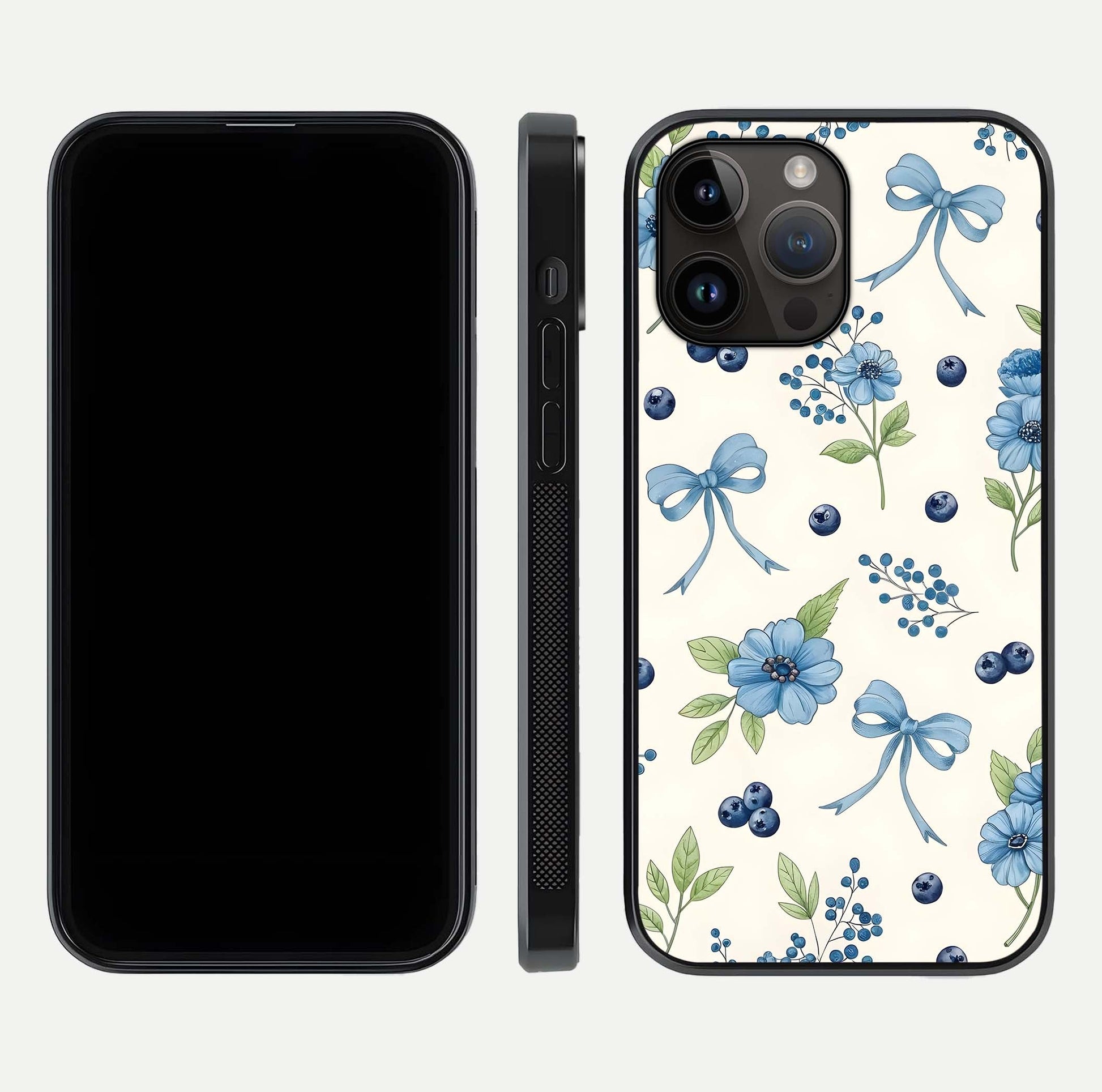 Blue Flower & Bow Glass Case for iPhone 14 Pro Max dual-view layout showing balanced pattern and smooth edges
