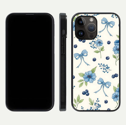 Blue Flower & Bow Glass Case for iPhone 14 Pro Max dual-view layout showing balanced pattern and smooth edges