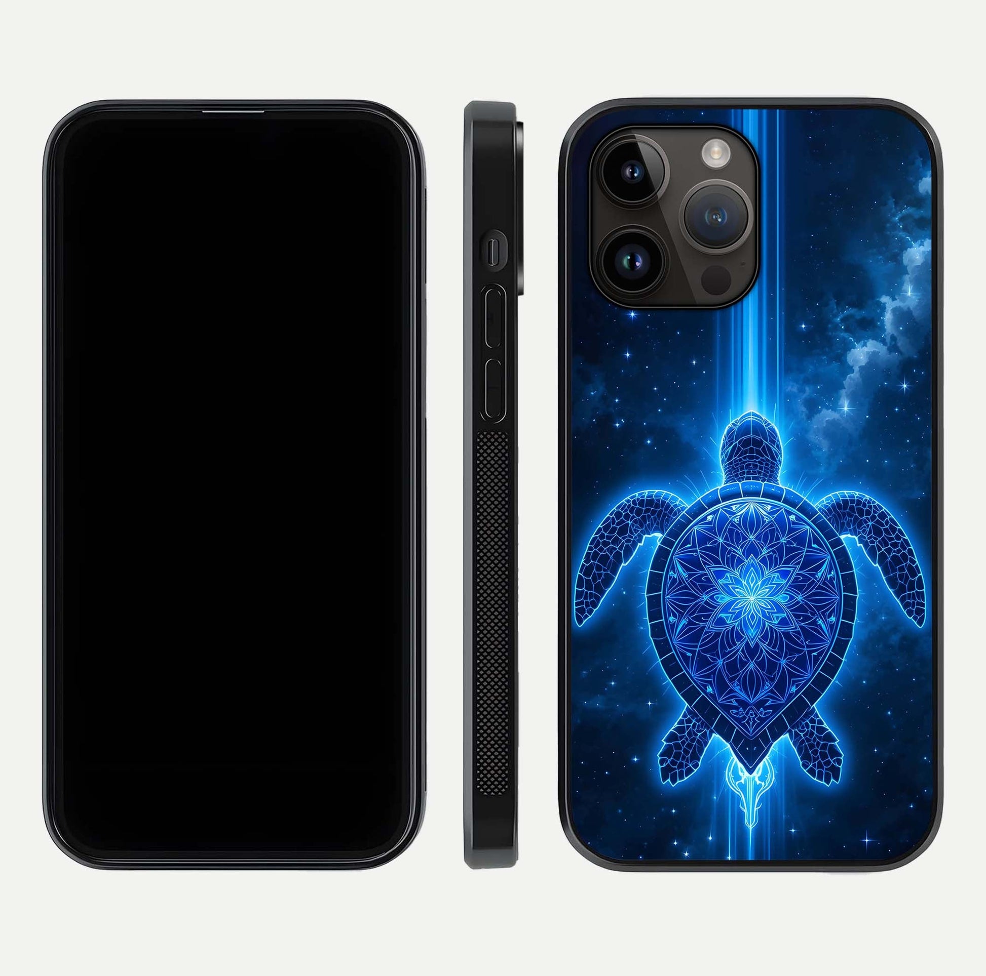 Blue Galaxy Turtle Glass Case for iPhone 14 Pro Max front-and-back layout highlighting cosmic art and reflective glass