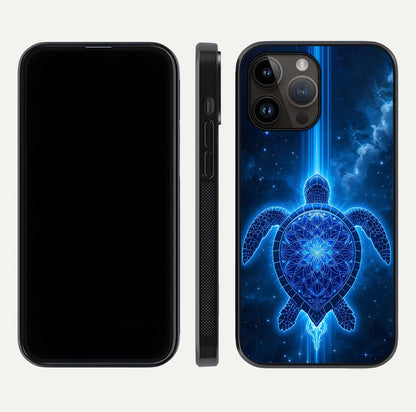Blue Galaxy Turtle Glass Case for iPhone 14 Pro Max front-and-back layout highlighting cosmic art and reflective glass
