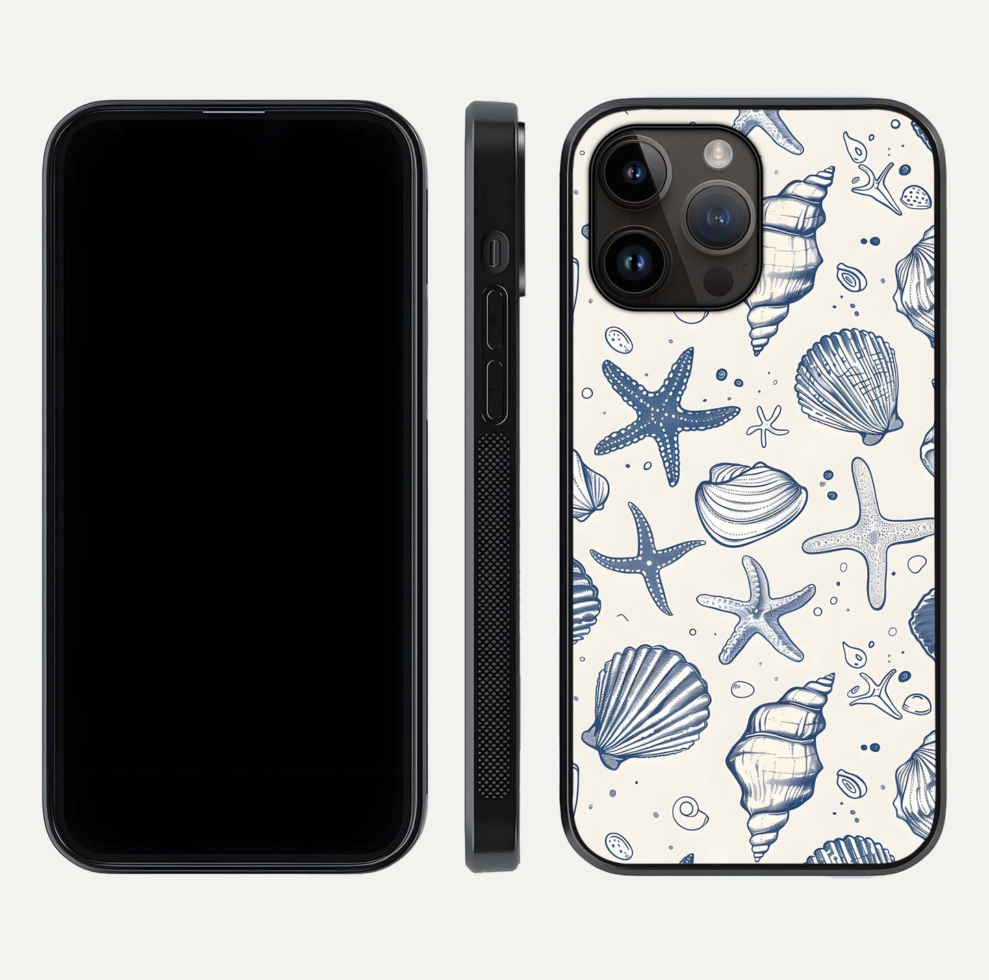 Blue Ocean Outline Glass Case for iPhone 14 Pro Max front-and-back layout showing minimal wave design and HD gloss