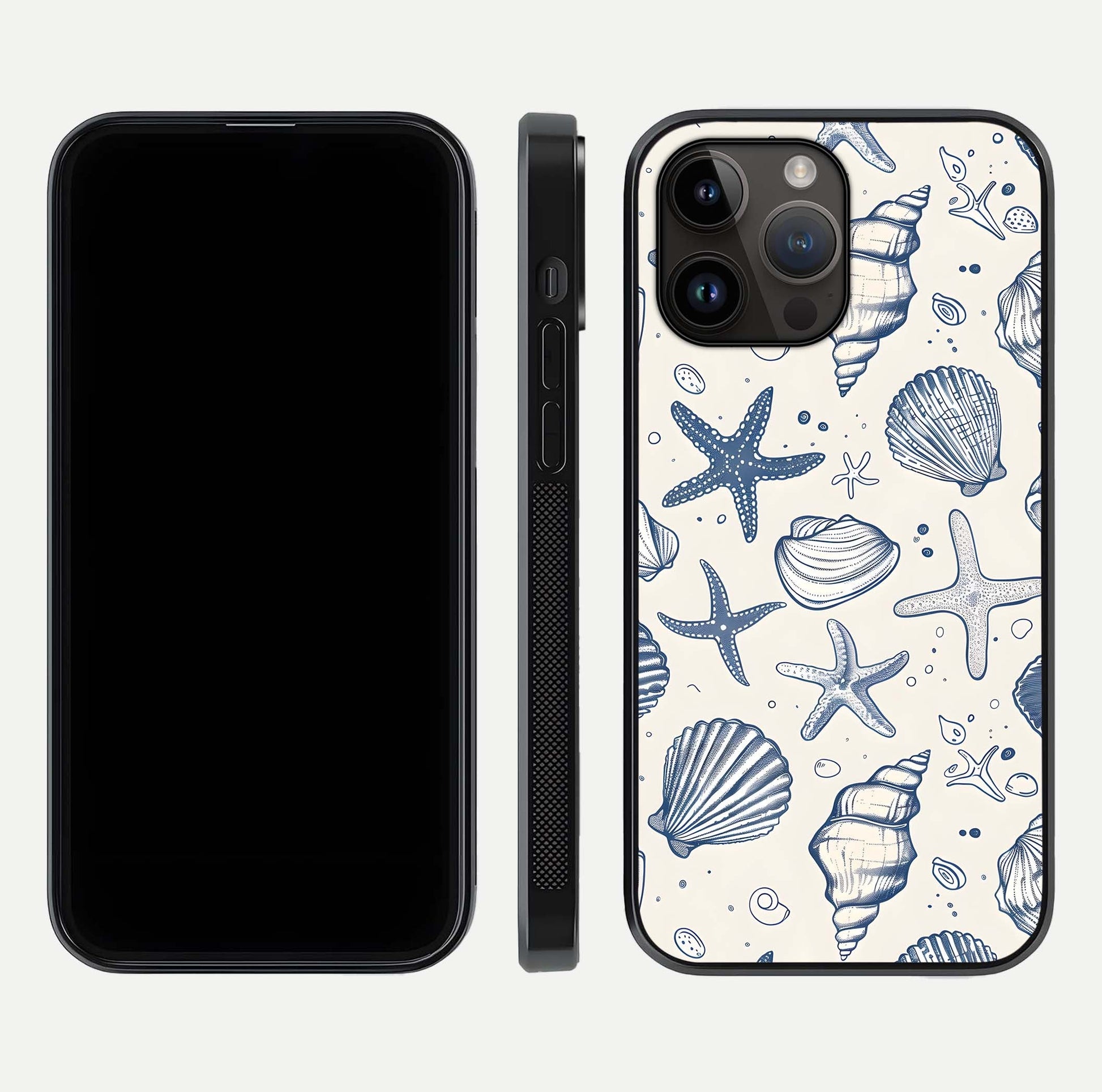 Blue Ocean Outline Glass Case for iPhone 14 Pro Max front-and-back layout showing minimal wave design and HD gloss
