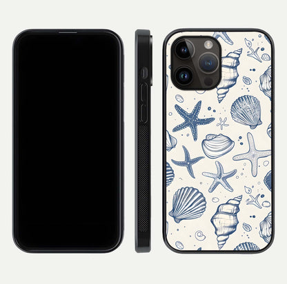 Blue Ocean Outline Glass Case for iPhone 14 Pro Max front-and-back layout showing minimal wave design and HD gloss