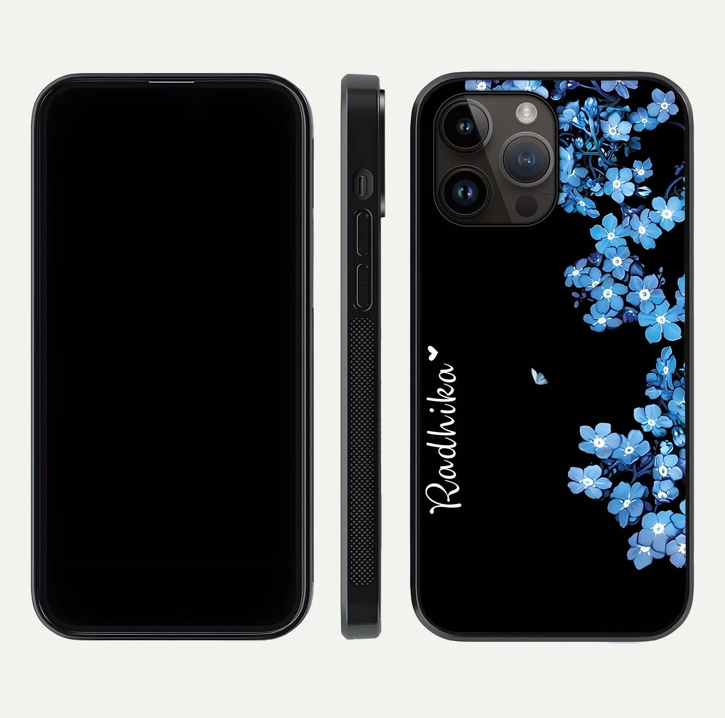 Blue Petal Dream Custom Name Glass Case for iPhone 14 Pro Max dual-view layout showing text placement and premium finish