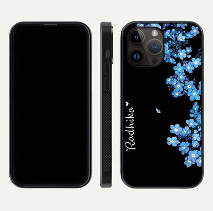 Blue Petal Dream Custom Name Glass Case for iPhone 14 Pro Max dual-view layout showing text placement and premium finish