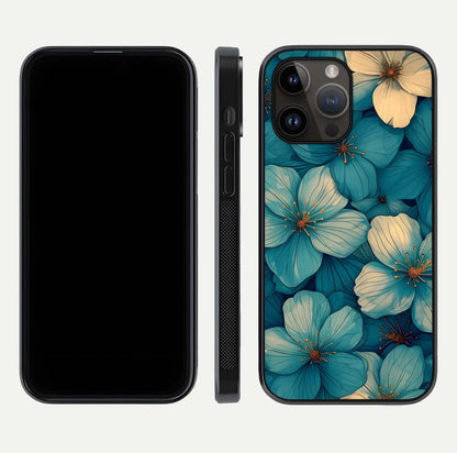 Blue Shade Floral Glass Case for iPhone 14 Pro Max front-and-back layout displaying bloom contrast and edge polish