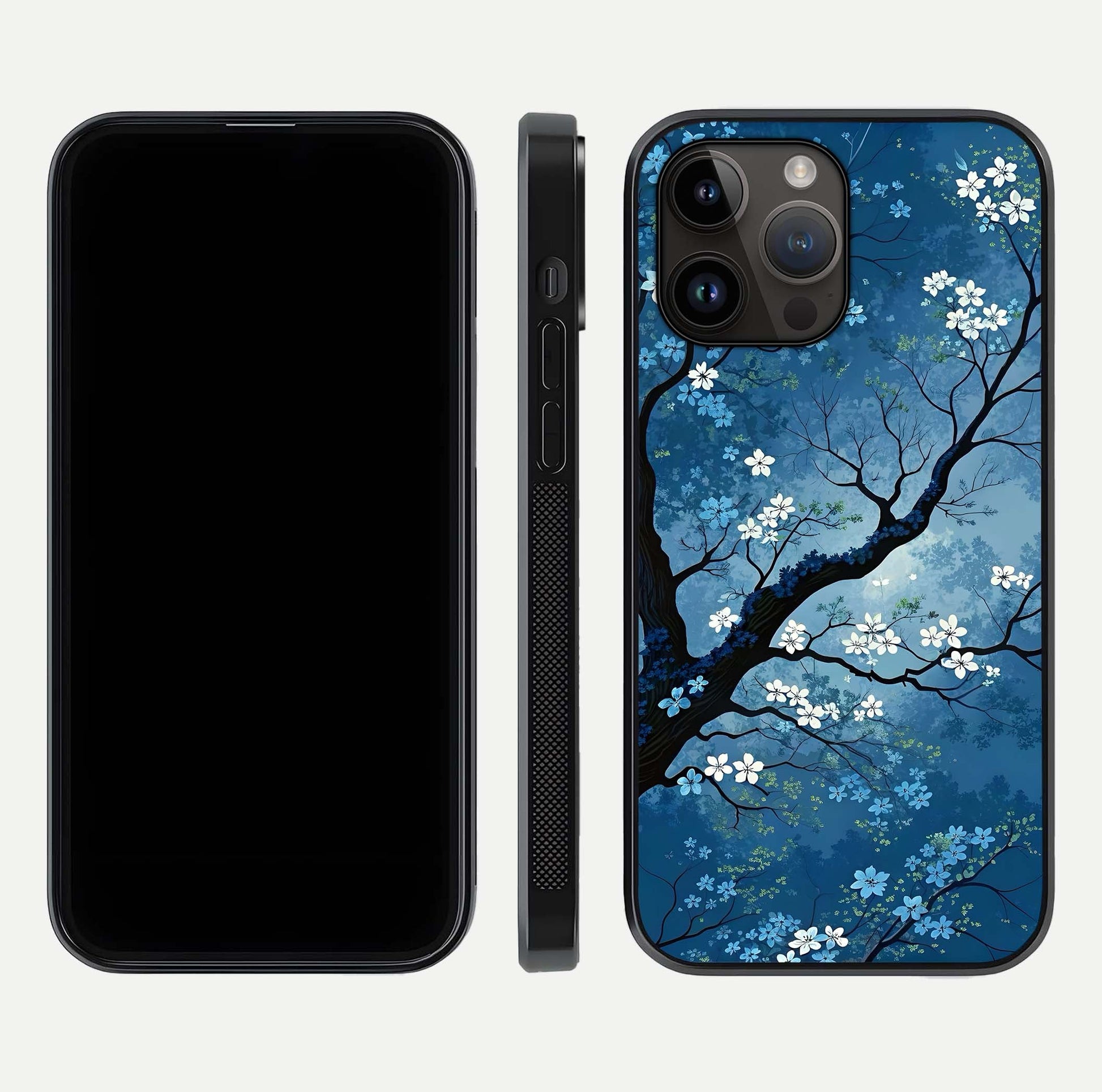 Blue Tree Serenity Glass Case for iPhone 14 Pro Max front-and-back layout showing gradient background and smooth edges