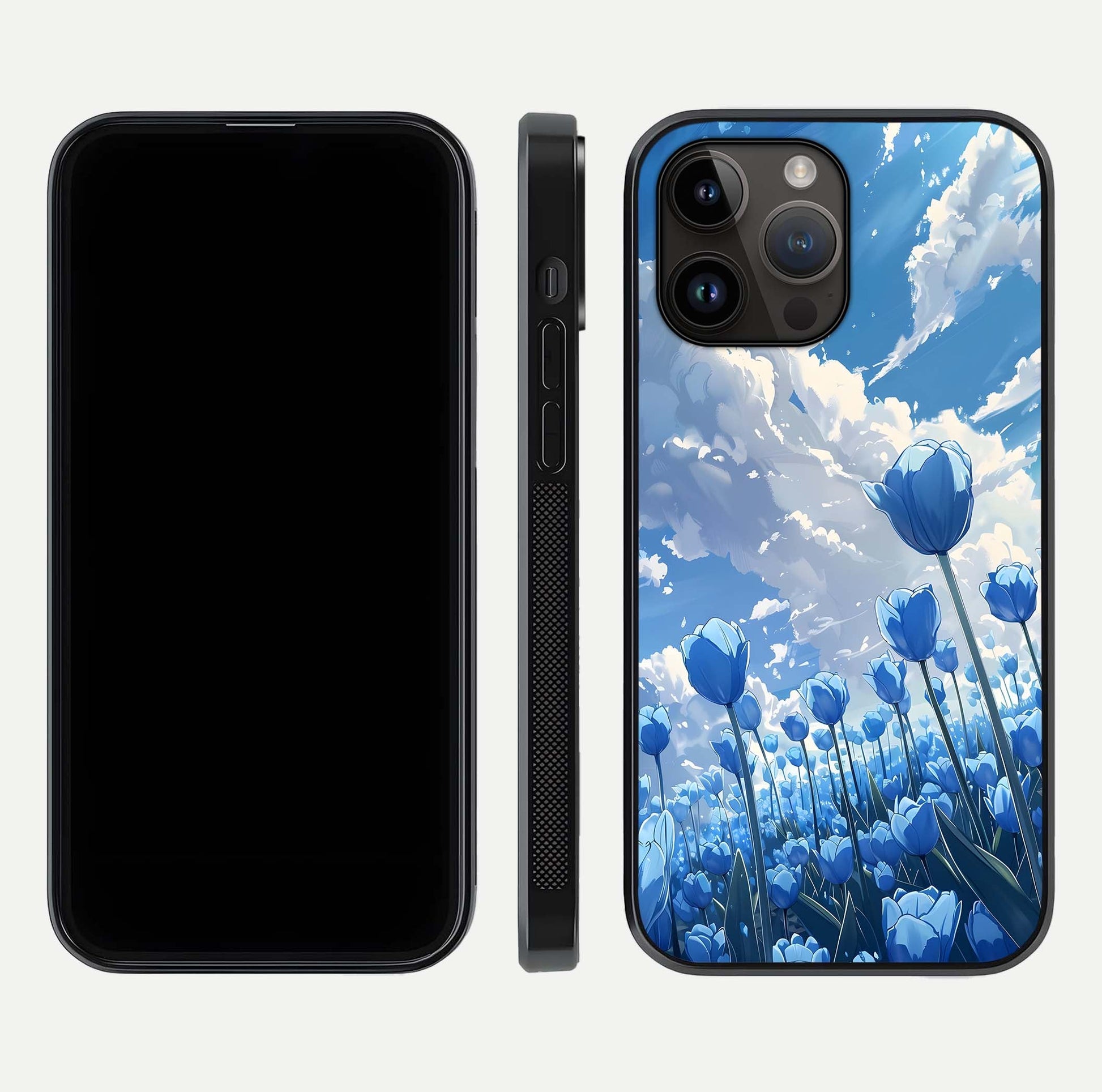 Blue Tulip Clouds Glass Case for iPhone 14 Pro Max front-and-back layout showcasing floral detail and polished edges