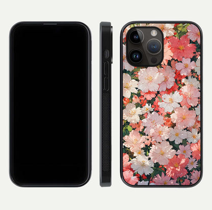 Blush Bloom Field Glass Case for iPhone 14 Pro Max dual-view layout showing bloom arrangement and protective frame