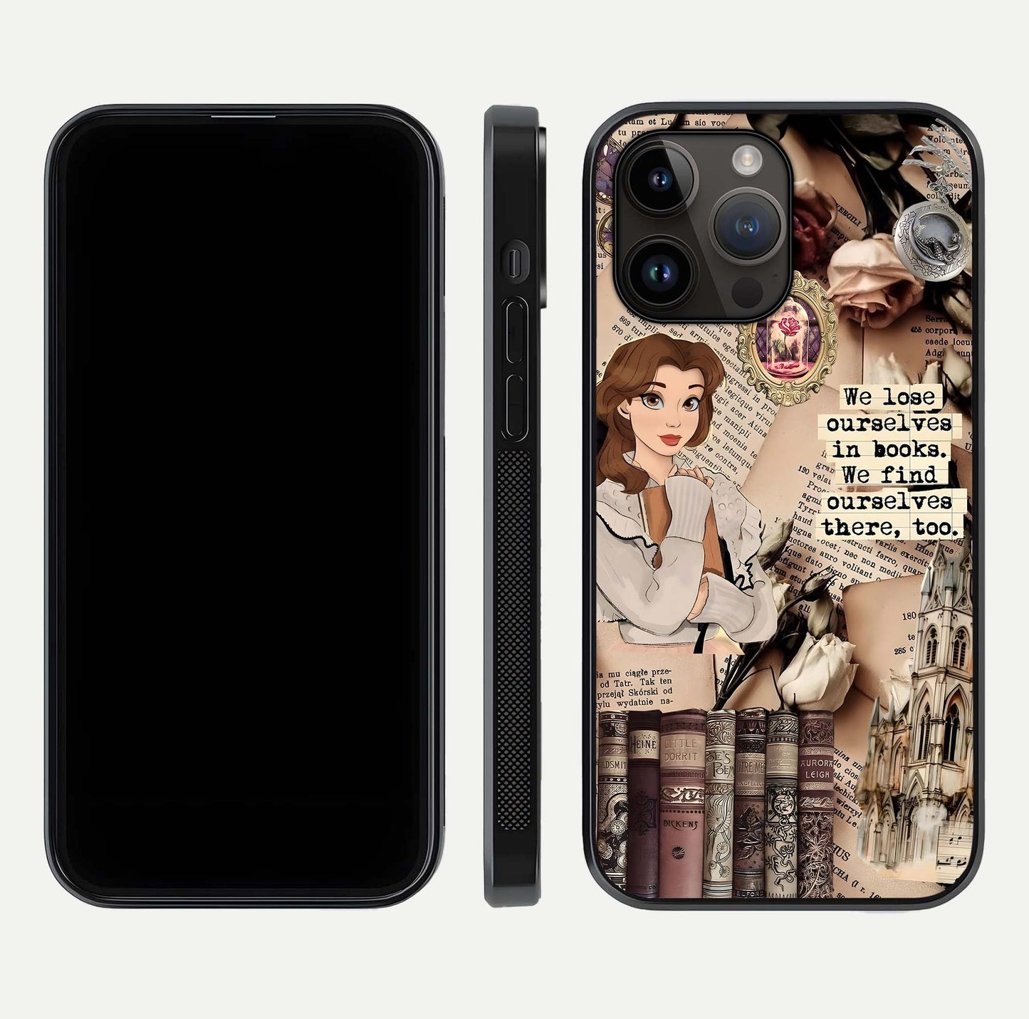 Bookish Dream World Glass Case for iPhone 14 Pro Max dual-view layout displaying colorful fantasy print and edge finish