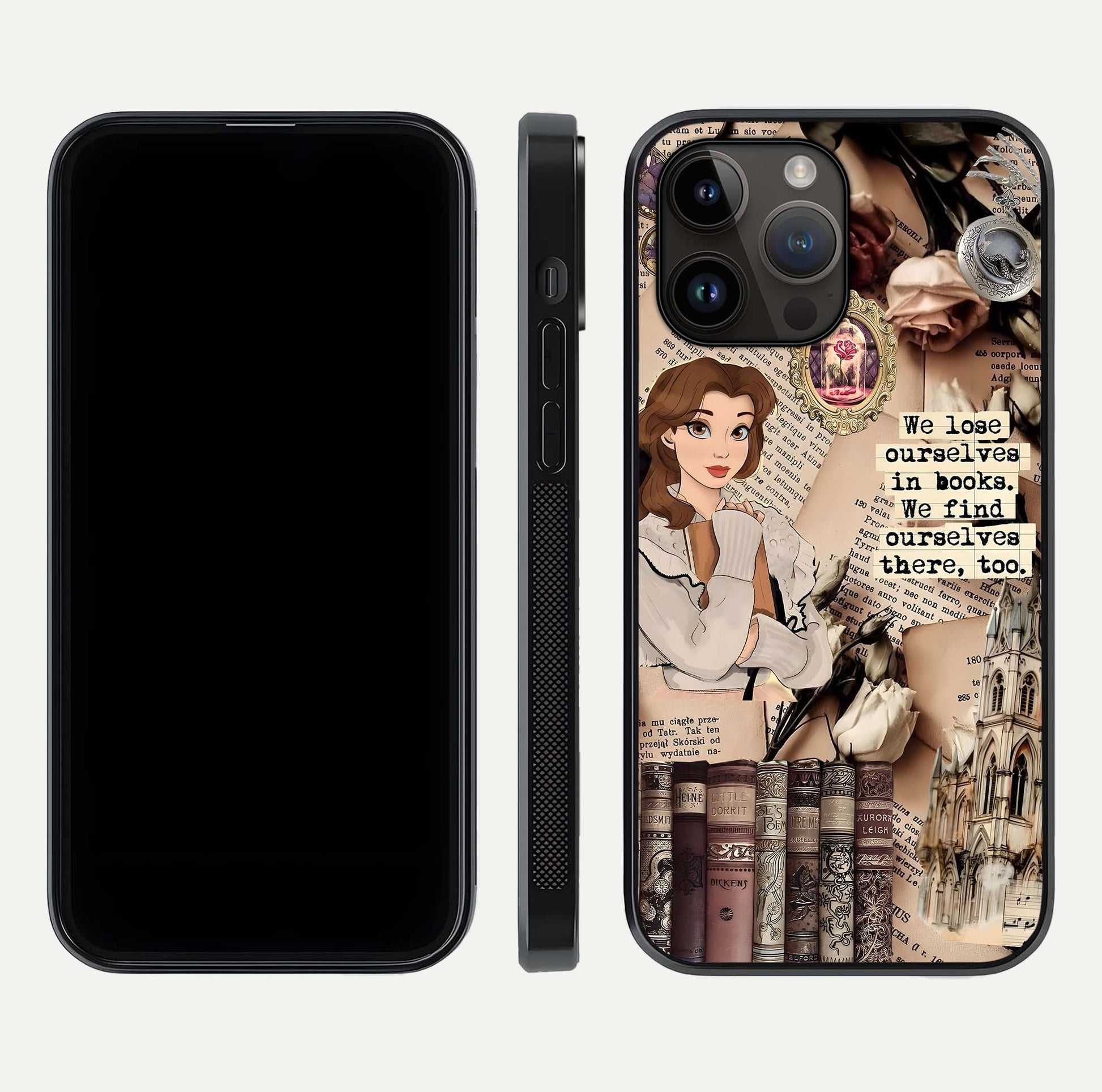 Bookish Dream World Glass Case for iPhone 14 Pro Max dual-view layout displaying colorful fantasy print and edge finish