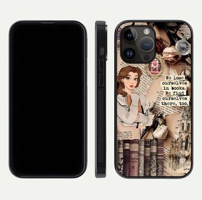 Bookish Dream World Glass Case for iPhone 14 Pro Max dual-view layout displaying colorful fantasy print and edge finish