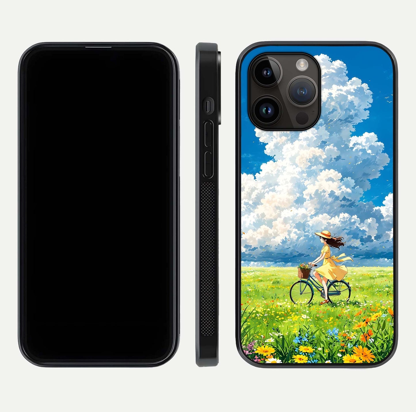 Breezy Meadow Ride Glass Case for iPhone 14 Pro Max dual-view layout showing soft landscape design and reflection gloss