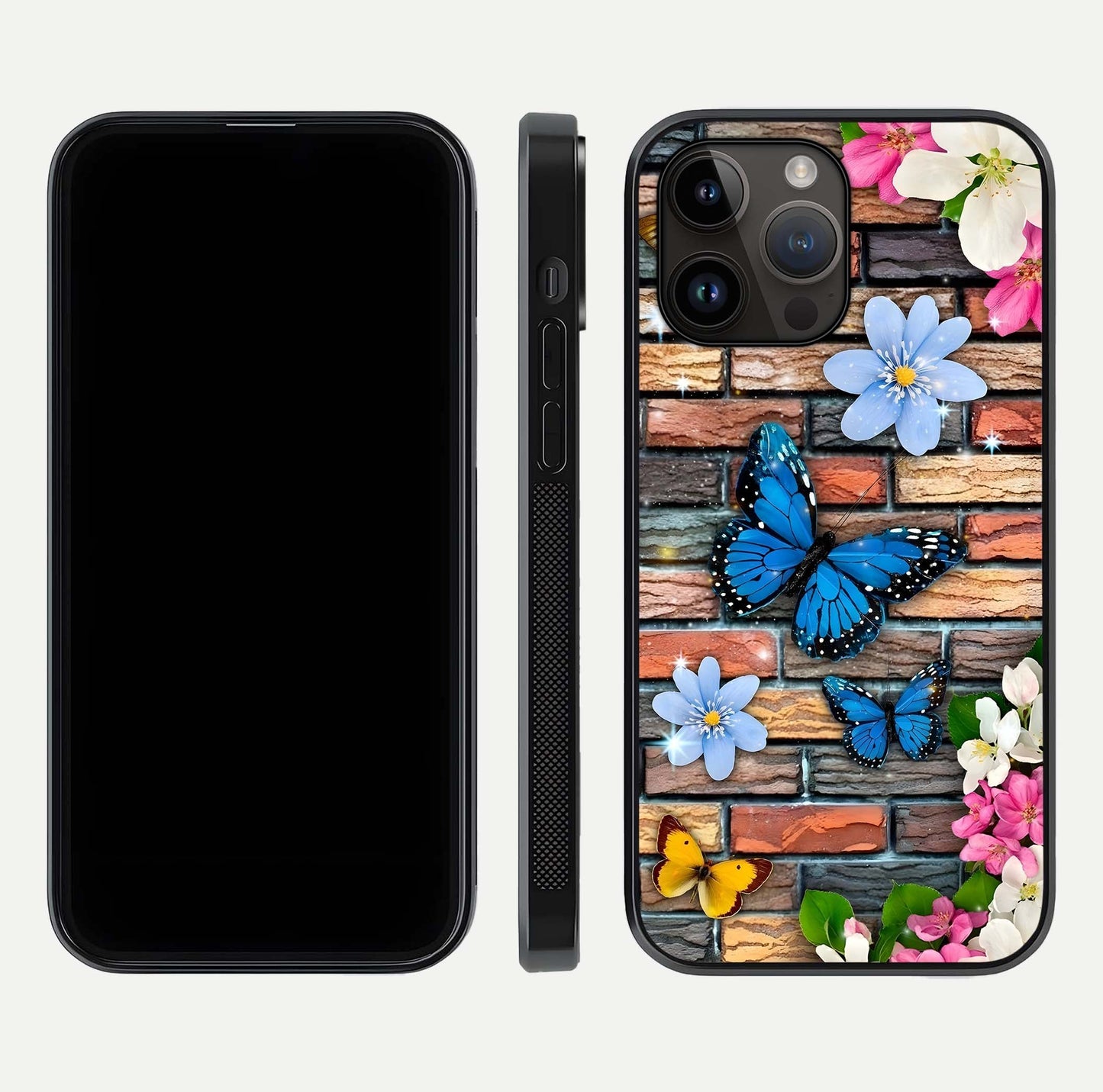 Brick Bloom Flight Glass Case for iPhone 14 Pro Max dual-view layout showing bloom placement and protective edge design