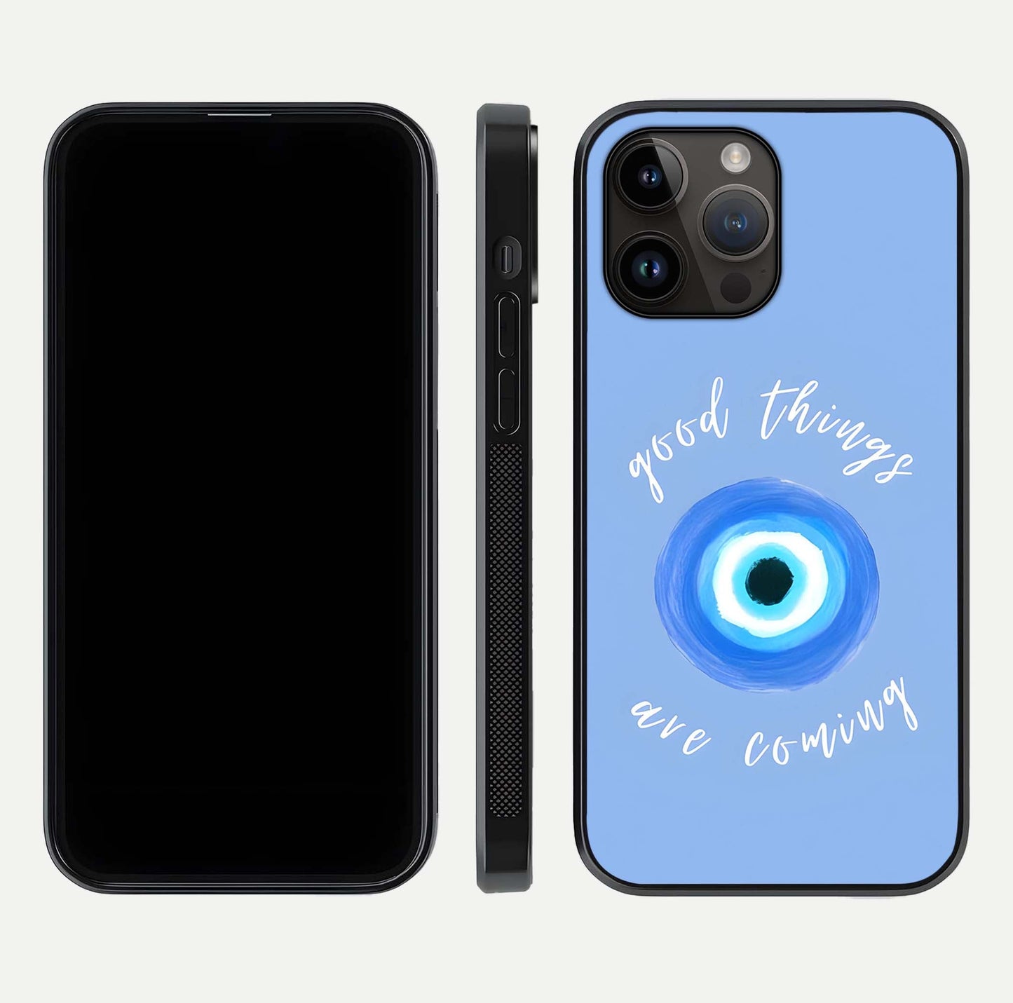 Bright Future Ahead Glass Case for iPhone 14 Pro Max front-and-back layout showing clean font style and gloss shine